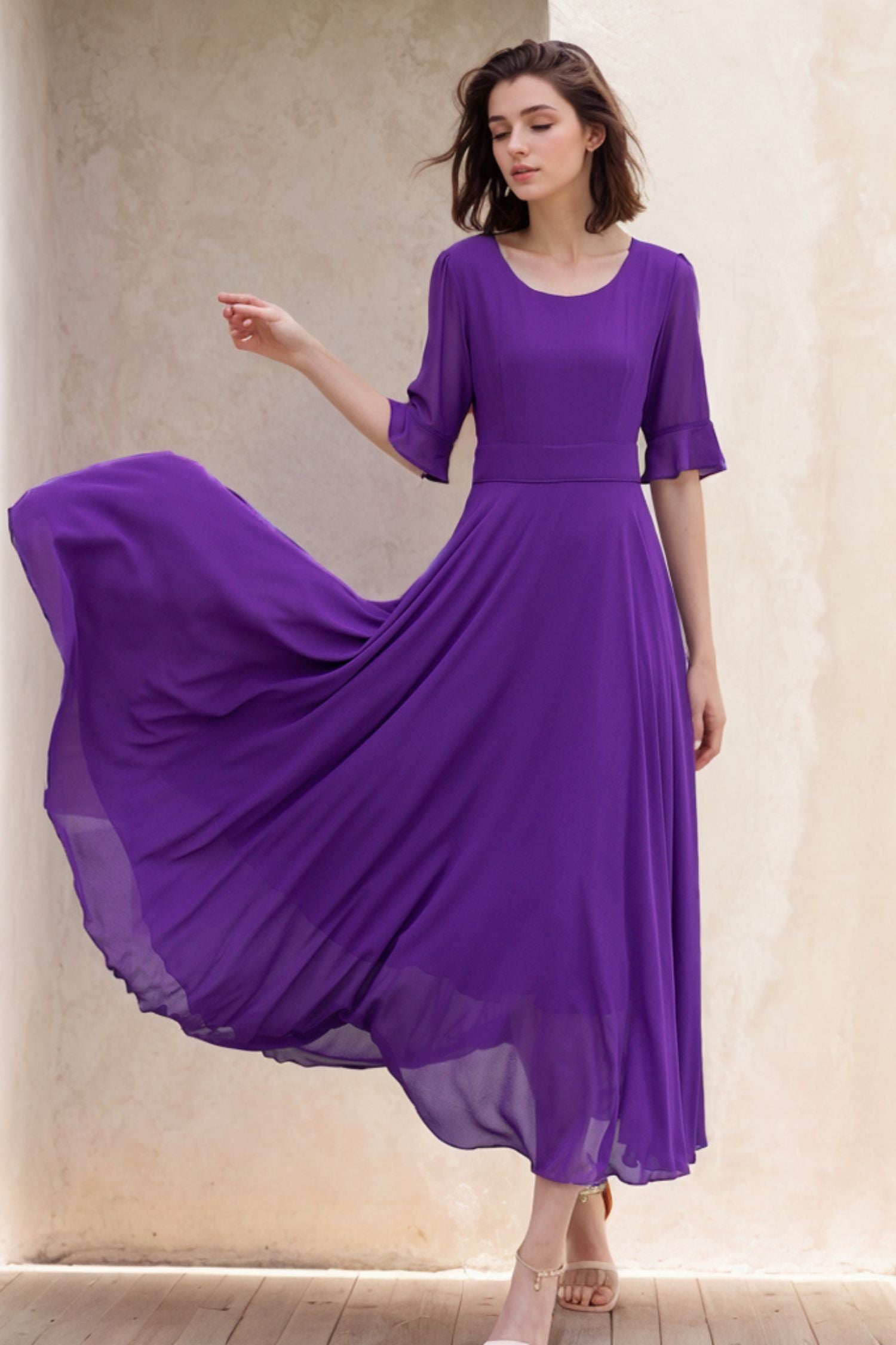Purple Chiffon Maxi Dress with Flared Sleeves