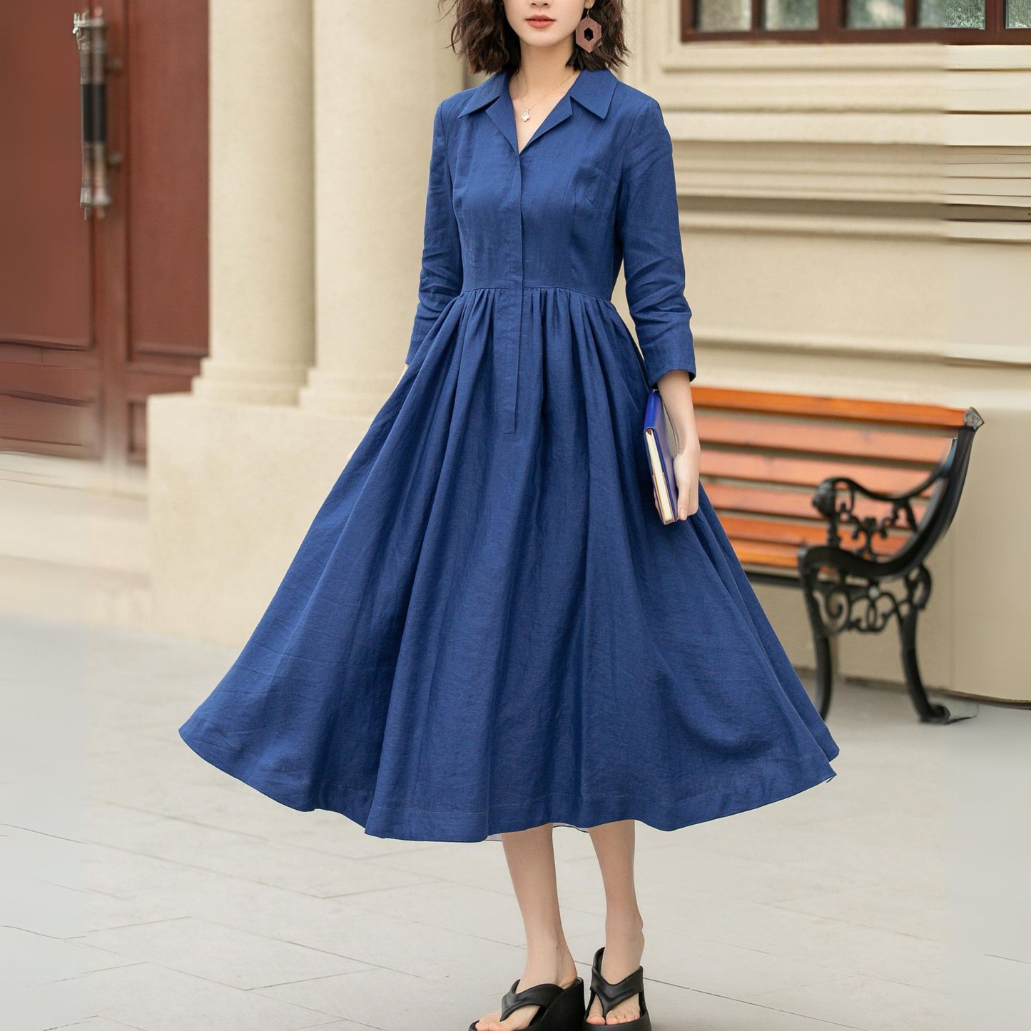 FTCayanz Women's Linen Blend Plaid Shirt Dress - Short Sleeve, Midi Length, A-Line Tunic With Pockets, Blue