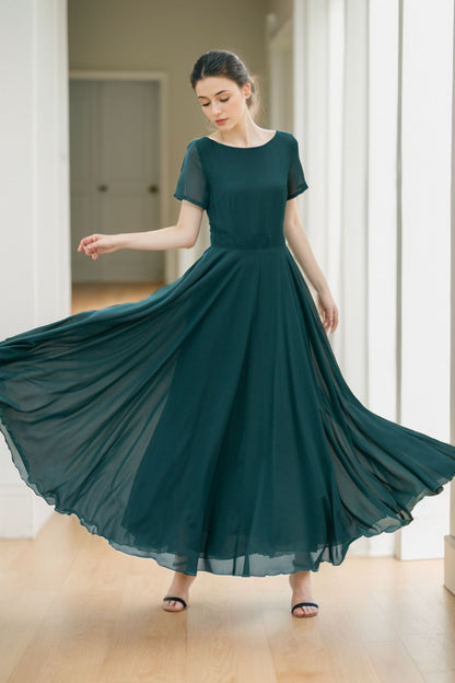 Fit and flare green summer chiffon dresses 5144