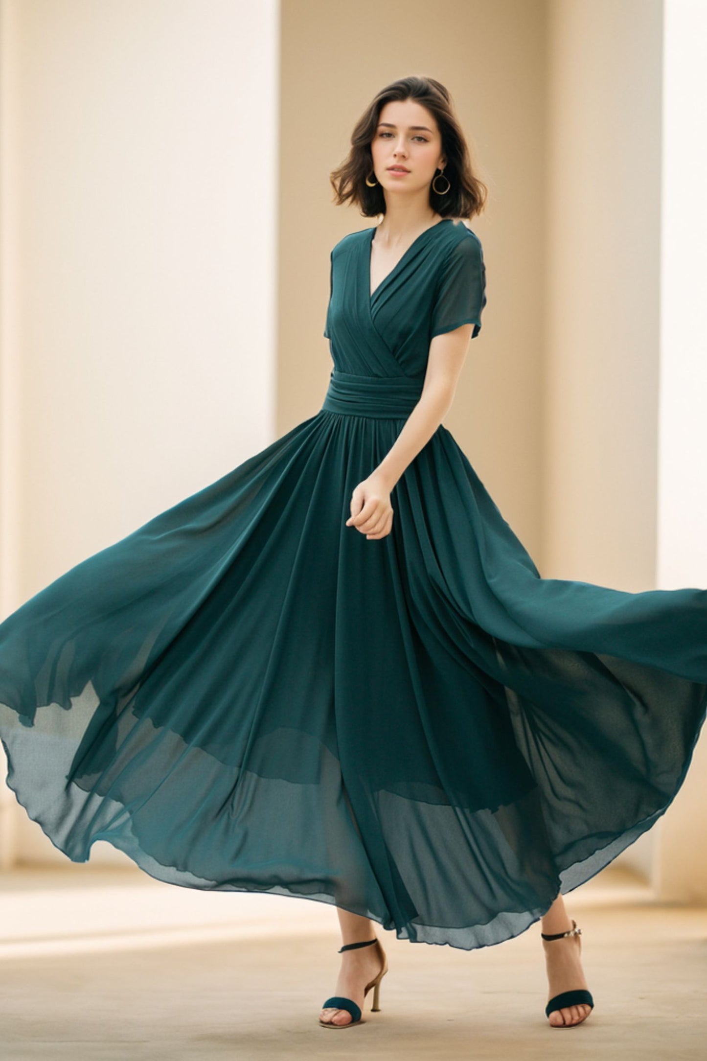 Dark Green Chiffon Maxi Dress V Neck Swing Party Elegance 5114 Emerald Green / S Dark Green Chiffon Maxi Dress V Neck Swing Party Elegance 5114 Emerald Green / S