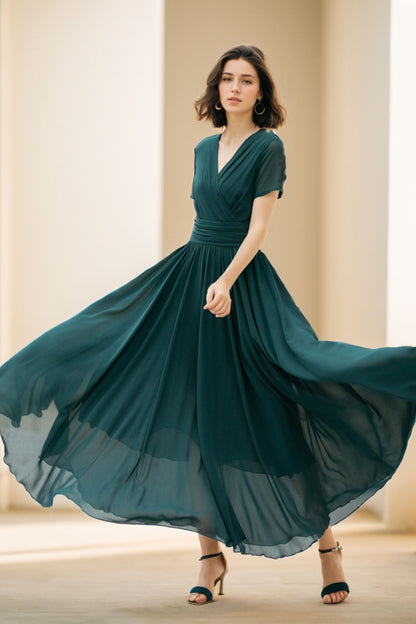 Dark Green Chiffon Maxi Dress V Neck Swing Party Elegance 5114 Emerald Green / S Dark Green Chiffon Maxi Dress V Neck Swing Party Elegance 5114 Emerald Green / S