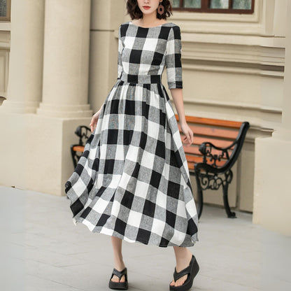 Half sleeves plaid spring summer linen dress 4953