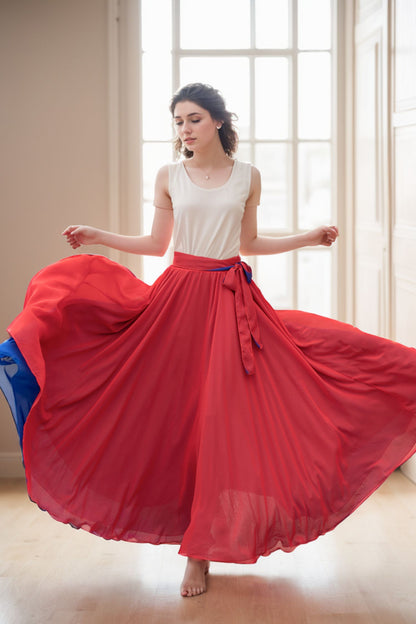 Red Chiffon Ankle-Length Skirt - Elastic Waist with Belt 5108