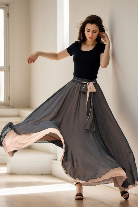 Black Chiffon Maxi Boho Skirt Women 5107