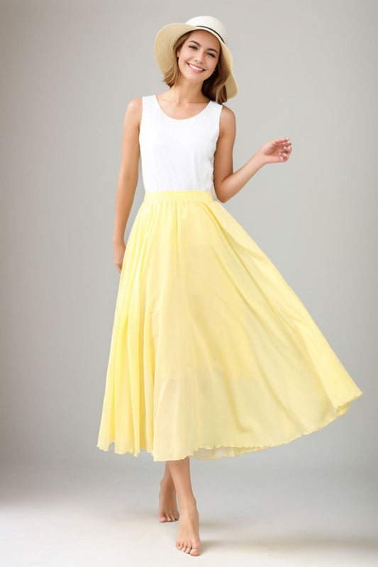 Yellow Cotton Summer Maxi Flowy Swing Skirt 3561