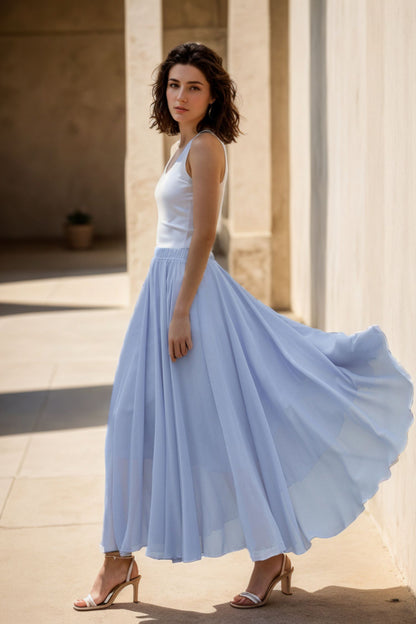 Handmade Light Blue Chiffon Midi Skirt – Flowing A-Line Swing with Elastic Waist 5110