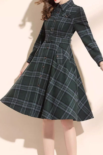 Plaid Wool Dress with Tie Belt Waist - Fit & Flared Knee Length 4802