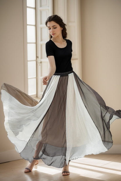 Black and Beige Chiffon Maxi Skirt - Bohemian A-Line Swing 5106