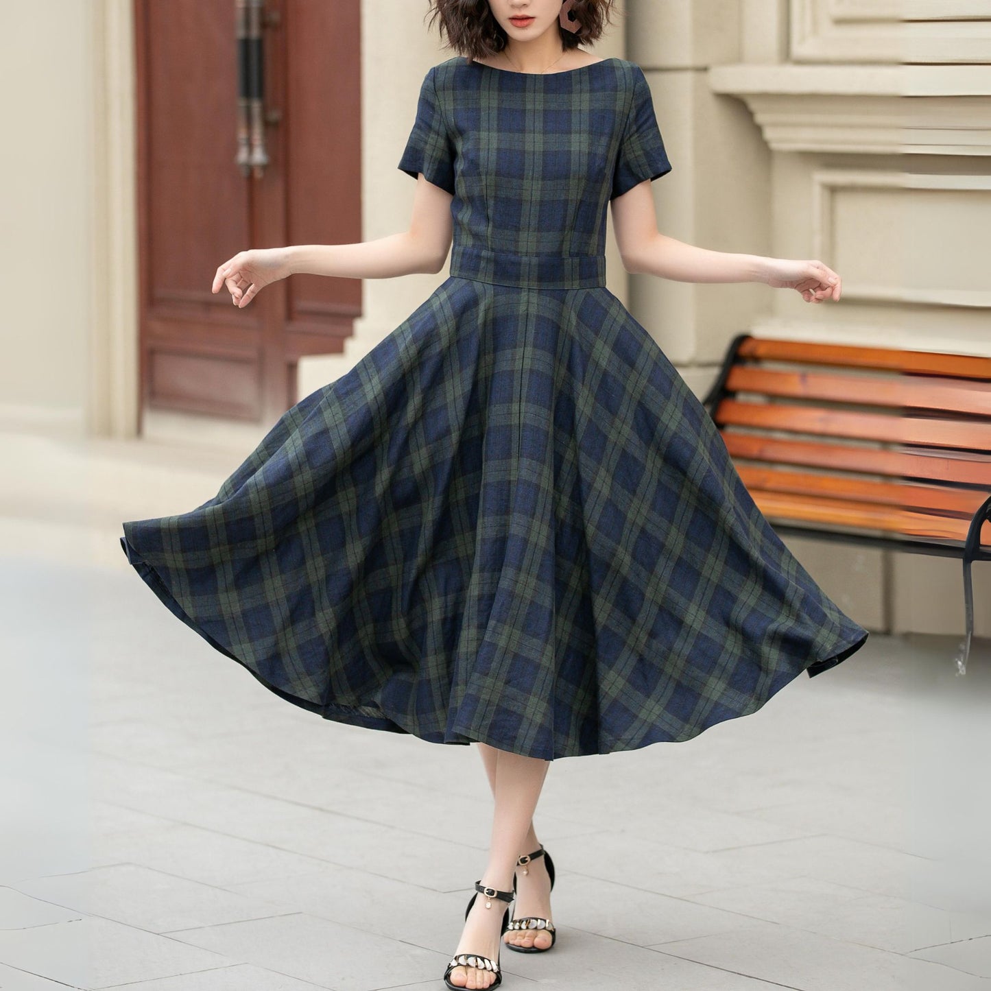 Fit and flare summer plaid linen dress 4950