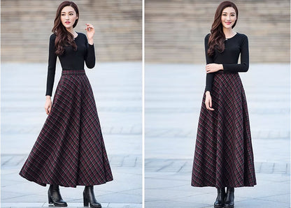 Burgundy Wool Maxi Skirt - A-Line with Pockets 4673-1