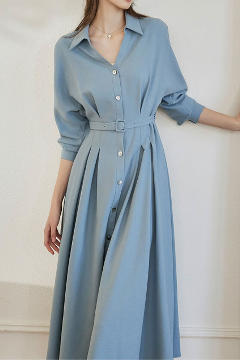 blue long sleeves spring shirt dress women 4858