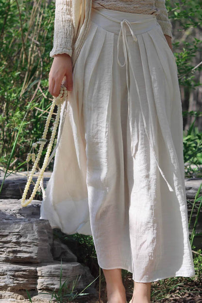 Beige Linen Swing Pleated Skirt - Fitted Waist, Summer Comfort 4342