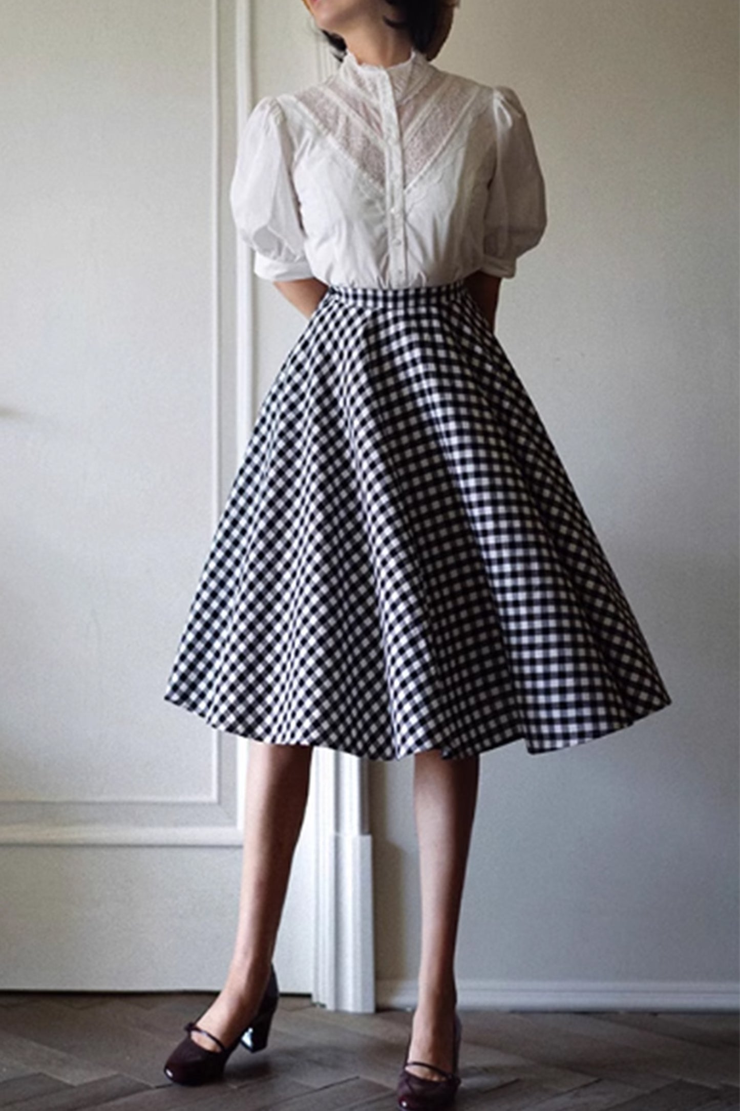 Black and white plaid knee length skirt 4866