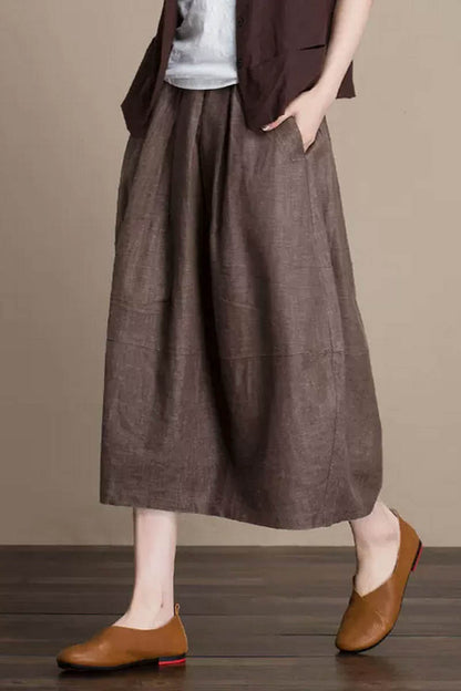 Emerald Green Linen Midi Skirt - Bubble Silhouette with Pockets 4355