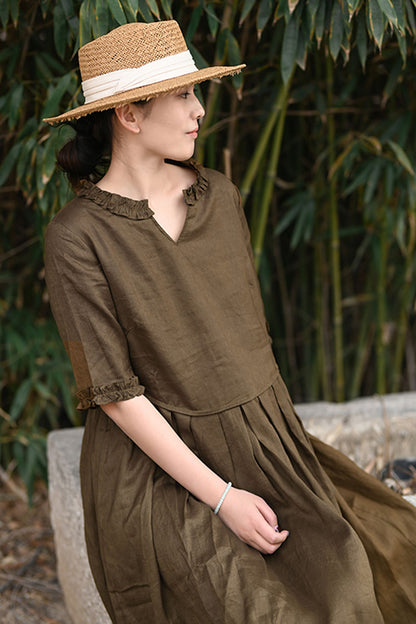Brown Linen Maxi Dress - Ruffle V-Neck with Elbow Sleeves 4320