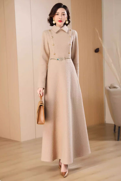 Beige Wool Maxi Dress - High Waist, Long Sleeve 4710