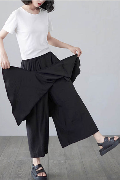Black Linen Skirt Pants - Loose Fit with Elastic Waist 4349