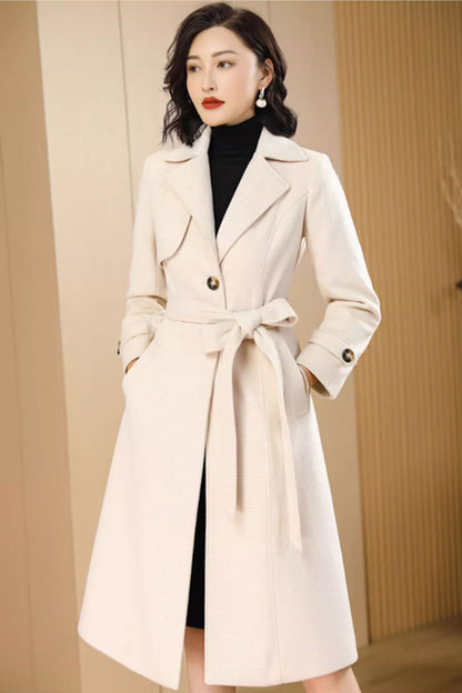 Winter beige wool coat with belt waist 4705