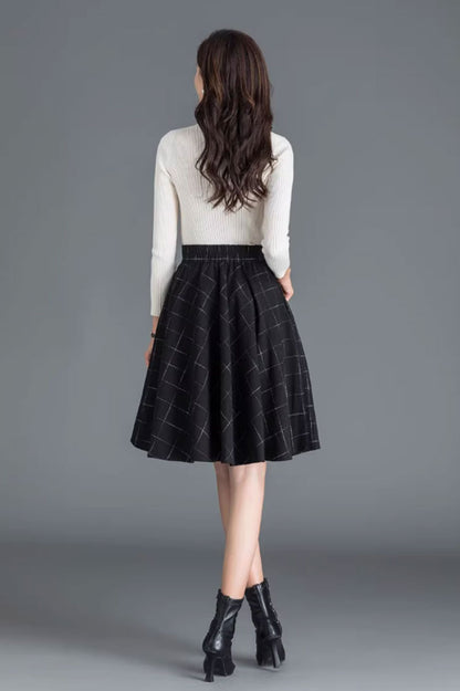 Black Wool Skater Skirt - Elegant A-Line Winter Essential 4655-4