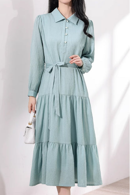 Blue Polyester Shirt Dress with Tie Belt Waist - Tiered, Long Sleeve 4877