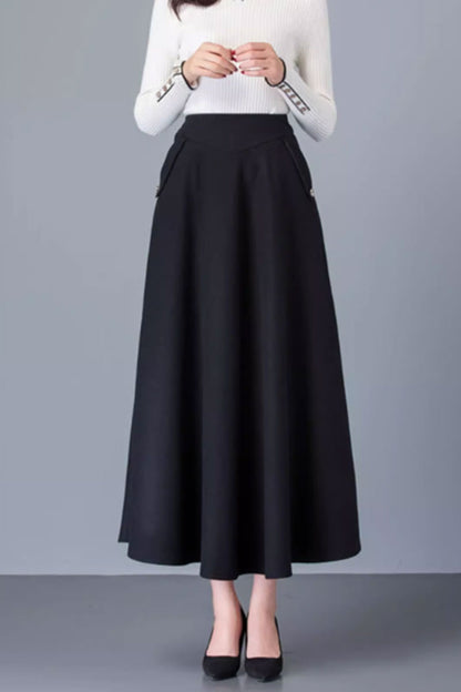 Brown Wool Maxi Skirt - A-Line with Pockets 4752