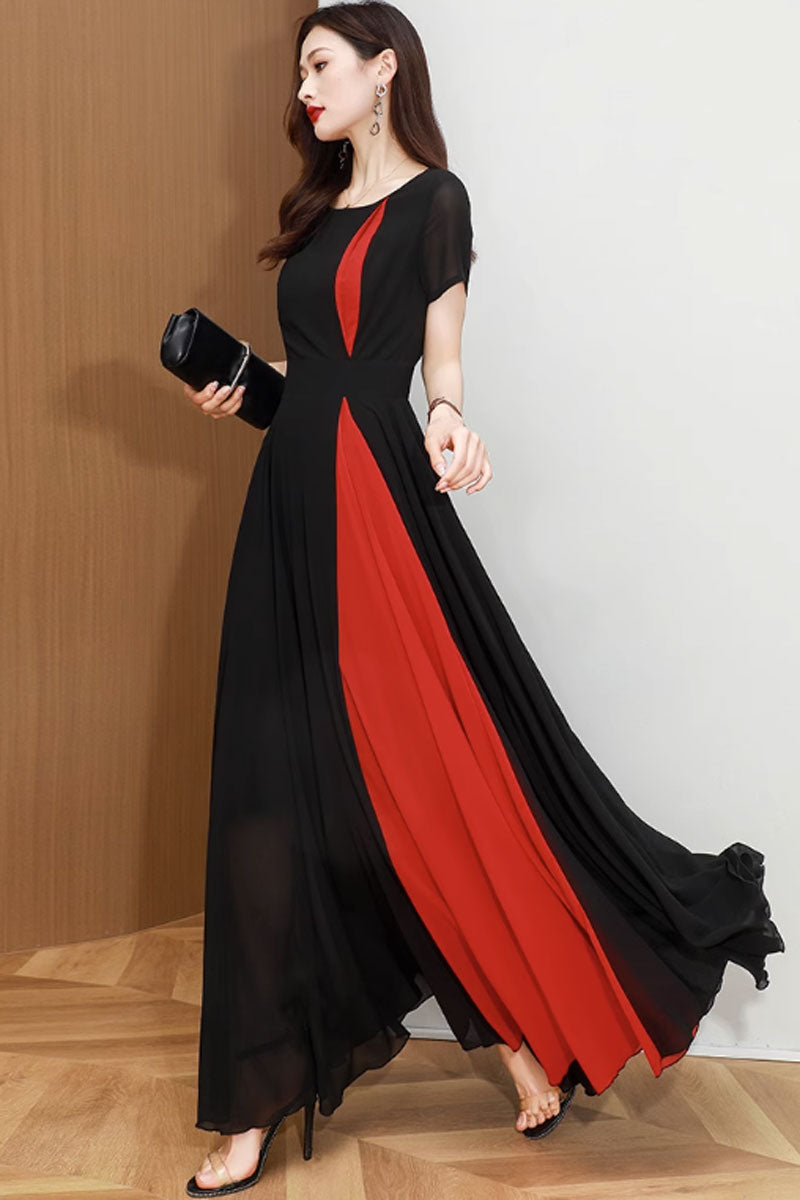 Fit and flare block color chiffon dress 4465