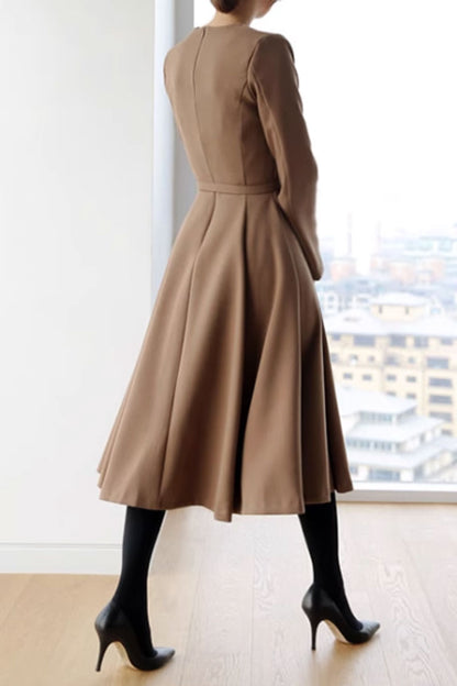Beige Polyester Midi Dress - Irregular Button Detail with Long Sleeves 4631