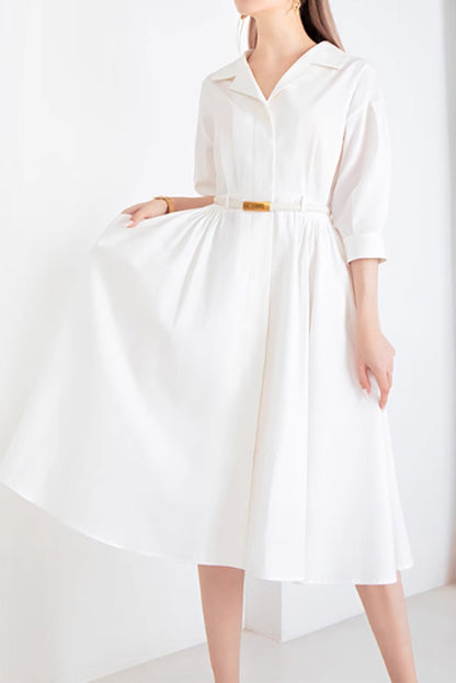 White Cotton Blend A-Line Shirt Dress - Fitted Waist, 3/4 Sleeves 4879