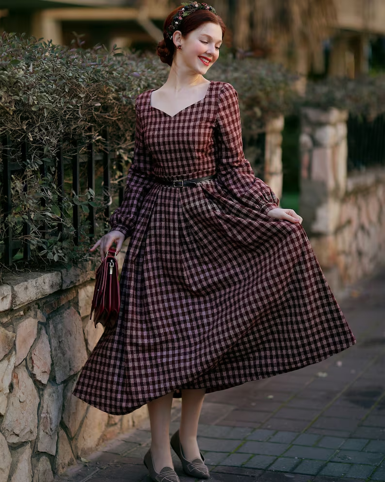 Vintage Plaid Wool Dress – Long Sleeve Winter Midi