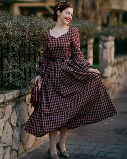 Plaid Wool Long Dress, Long Sleeve Wool Dress 4139