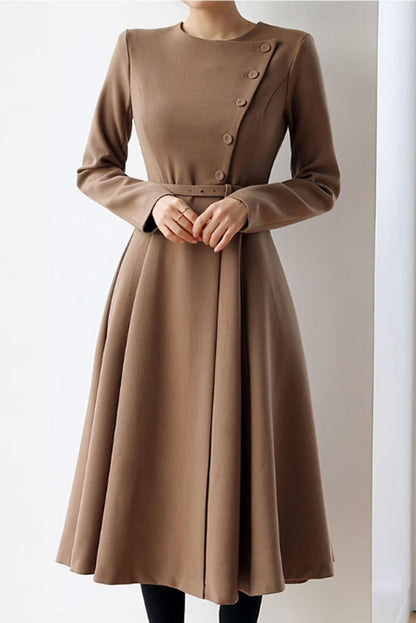 Beige Polyester Midi Dress - Irregular Button Detail with Long Sleeves 4631