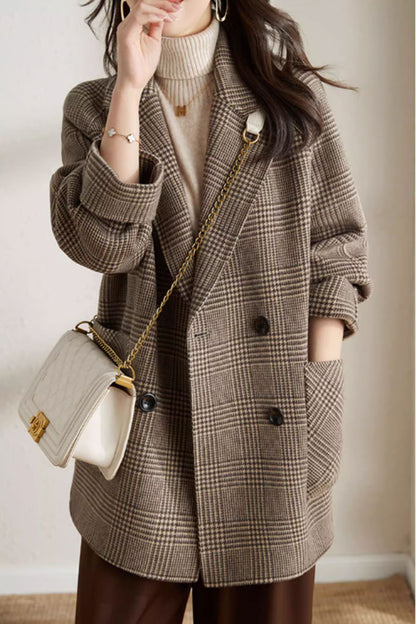 Black and White Wool Coat - Plaid Double-Breasted Lapel 4634