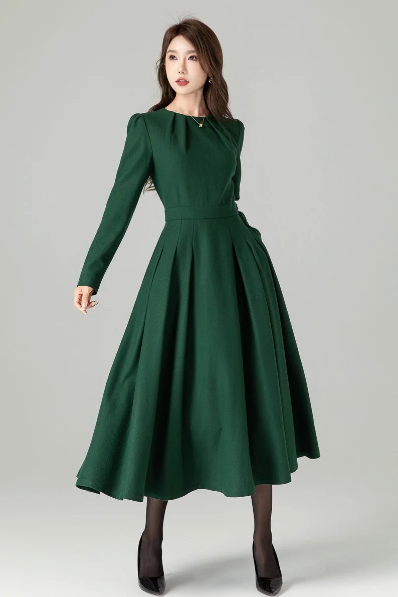 Classic Fit and Flare Wool Dress Dark Green Midi with Pleated Skirt 4494 - Emerald green / XS Classic Fit and Flare Wool Dress Dark Green Midi with Pleated Skirt 4494 - Emerald green / XS