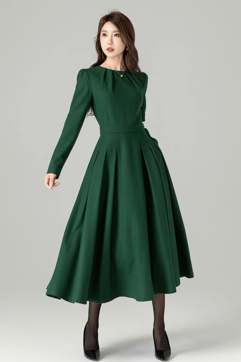 Green Wool Dress, Fit and Flare Wool Dress 4494