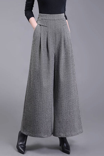Wool Wide Leg Pants – Handmade High Waist Winter Trousers with Pockets | Xiaolizi 4481