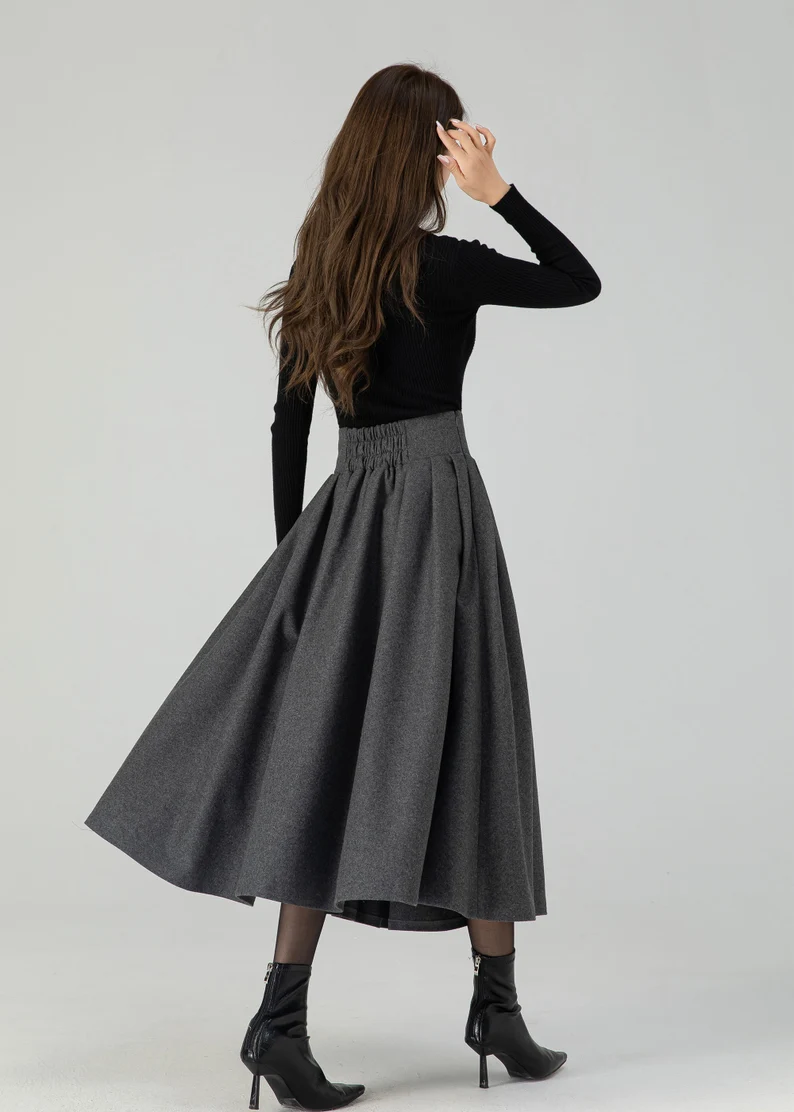 Deep Gray Wool Midi Skirt – Vintage High Waist Pleated Deep Gray Wool Midi Skirt – Vintage High Waist Pleated