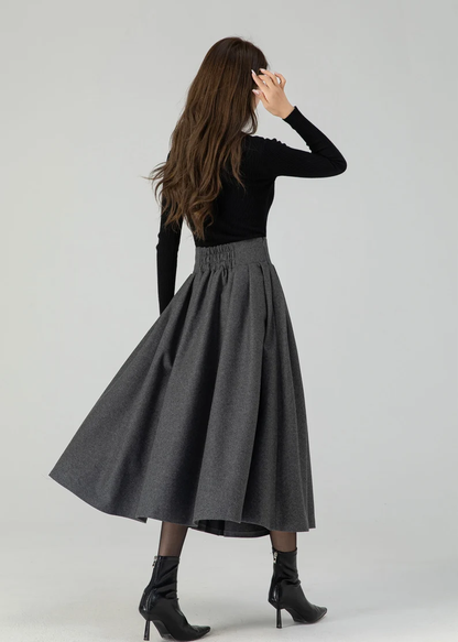 Deep Gray Wool Midi Skirt – Vintage High Waist Pleated Swing Skirt 4552