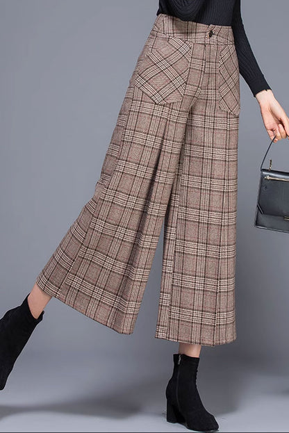 Plaid Wool Wide Leg Pants - Loose Fit Midi Length 4660
