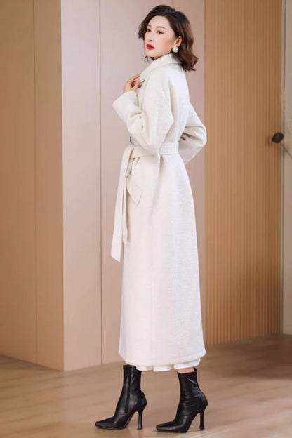 White Wool Long Coat - Belted Waist, Button Front Closure 4711
