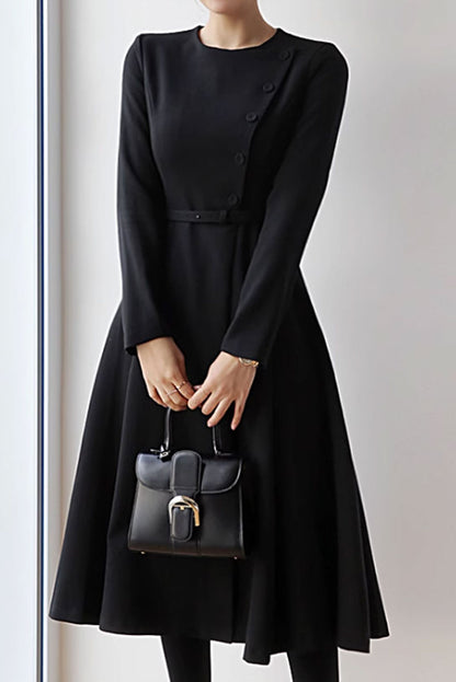 Beige Polyester Midi Dress - Irregular Button Detail with Long Sleeves 4631