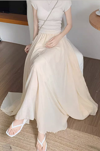 Gray Linen Maxi A-Line Skirt - Irregular Hemline, Elastic Waist 4365