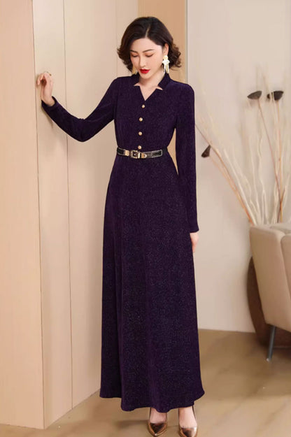 Purple Velvet Maxi Dress - V-Neck Fit and Flare Silhouette 4788