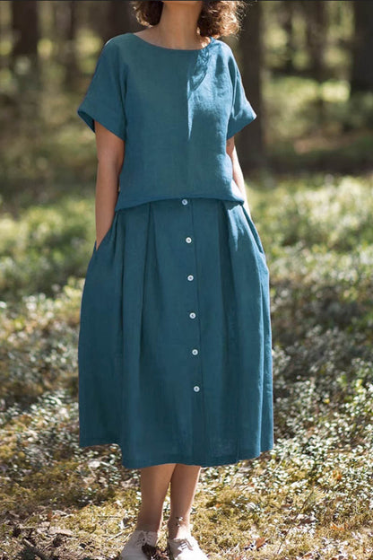 Blue Linen Midi Skirt - Button Front with Pockets 4353