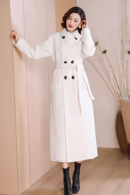 White Wool Long Coat - Belted Waist, Button Front Closure 4711