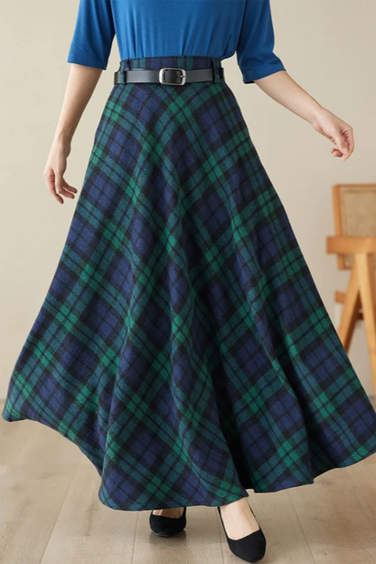 Navy & Green Plaid Wool Maxi Skirt – Vintage High Waist Ankle Length Winter Skirt 4619