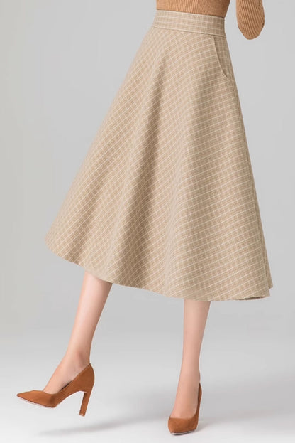 Plaid winter midi wool skirt women 4650