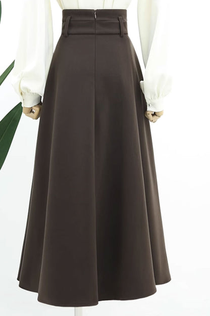 Rust Wool A-Line Skirt - Wide Waistband, Pleated Detail 4765