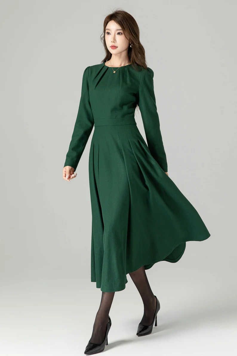 Green Wool Dress, Fit and Flare Wool Dress 4494