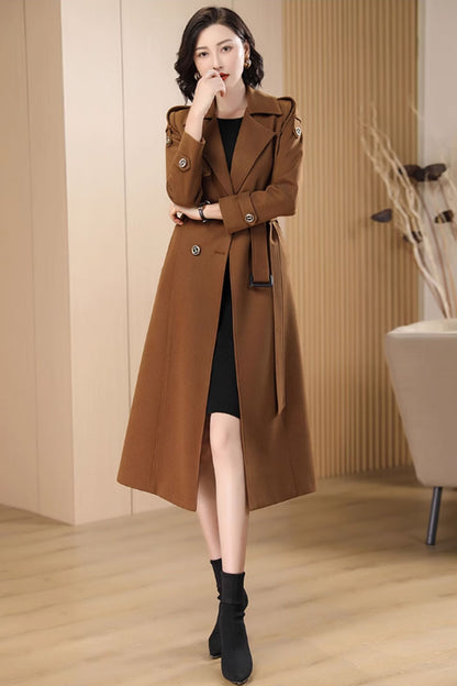 Camel Wool Coat - Double Breasted Belted Long Winter Coat 4706