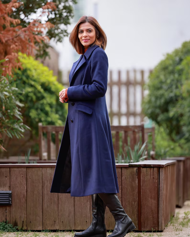 Belted navy blue warm long wool coat 4144